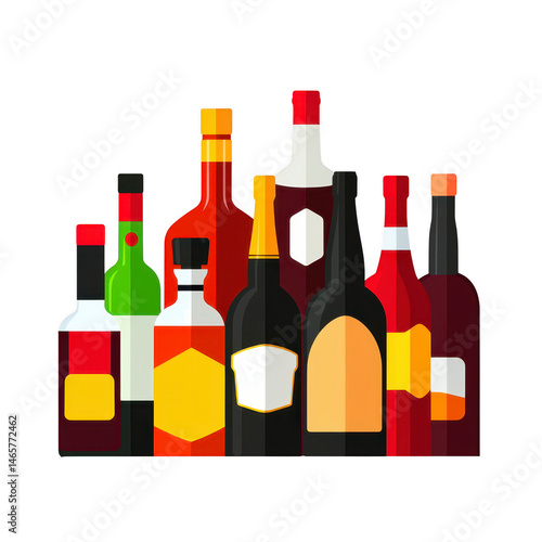 Collection of colorful bottles with various shapes and sizes, featuring vibrant labels and caps, arranged closely together. image showcases variety of beverage containers