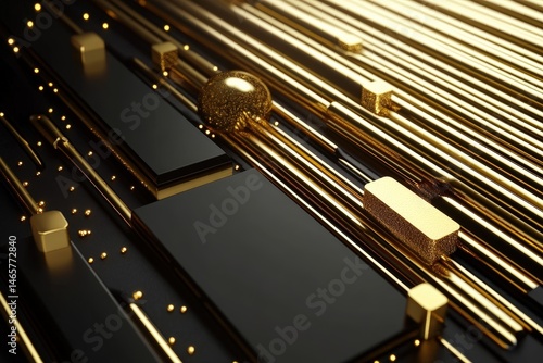 Abstract geometric design with golden lines and black shapes. photo
