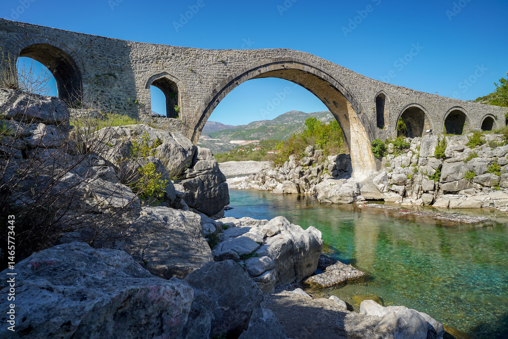 Fototapeta premium Mesi bridge , old ottoman stone bridge in Albania