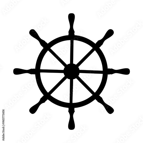 Black silhouette of a ship's wheel on a white background artwork