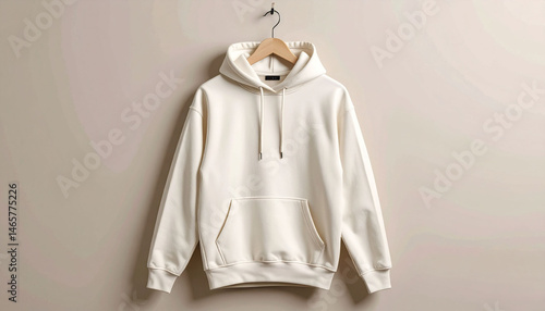 a cream colored garment is suspended from a simple wooden hanger against a light wall. the garment is a hooded sweatshirt with a front pocket and drawstring