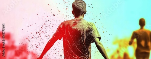 Person Running Through Colorful Splashes at Sunset in a Landscape