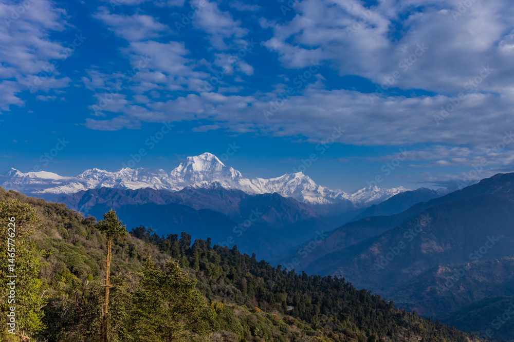 Fototapeta premium Annapurna Base Camp trek beautiful Himalaya mountains landscape view. Snow summits of Annapurna South, Machapuchare and Dhaulagiri seen from the Poon Hill and from the trekking path on the way Nepal