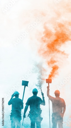 Silhouetted Construction Workers Holding Smoke Flares In Orange And