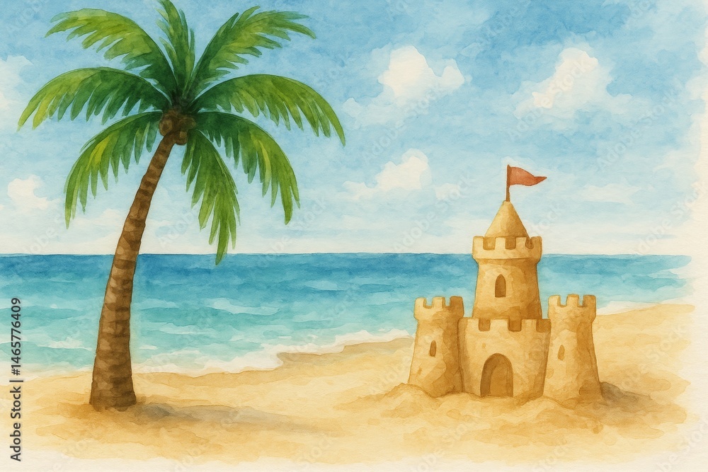 Watercolor painting depicts a serene beach scene with a detailed sandcastle, complete with a flag, positioned near a lush palm tree, evoking a sense of peaceful island life