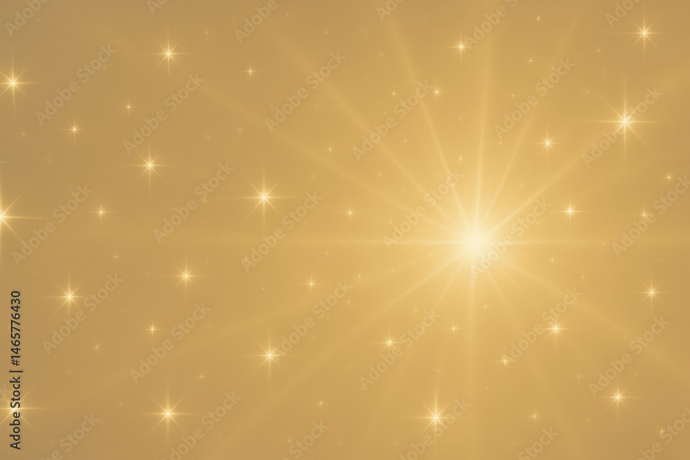 Golden light beams and stars are shining brightly against a gold background, creating a festive and celebratory atmosphere, perfect for holiday or special occasion designs