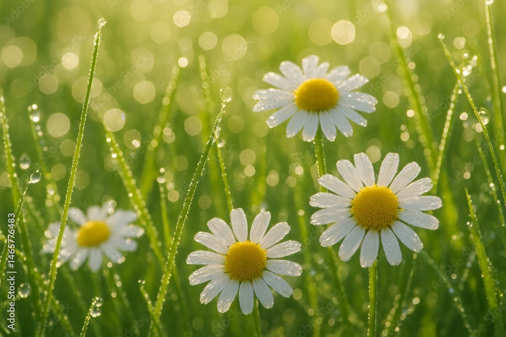 Beautiful white daisies with yellow centers are growing in a vibrant green meadow, glistening with morning dew under warm sunlight, creating a serene and idyllic natural scene