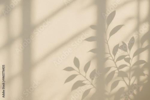 Obraz na płótnie Illuminated by soft window light, a light beige wall showcases gentle shadows of leaves and window frames, creating a serene and minimalist atmosphere perfect for tranquil interiors w salonie