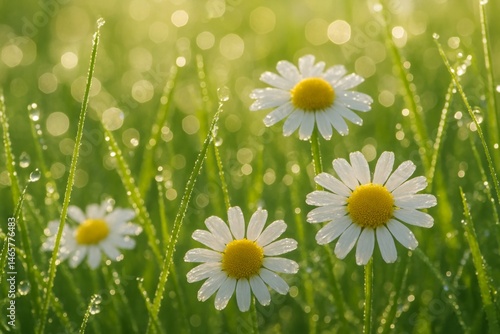 Obraz na płótnie Beautiful white daisies with yellow centers are growing in a vibrant green meadow, glistening with morning dew under warm sunlight, creating a serene and idyllic natural scene w salonie