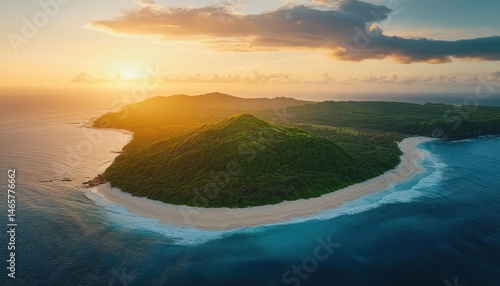 Aerial View of Tropical Island at Sunset