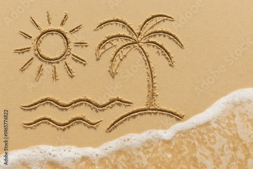 Simple beach drawing featuring a sun, palm tree, and ocean waves getting washed away by the incoming tide on a golden sand beach, evoking a sense of summer relaxation and tranquility