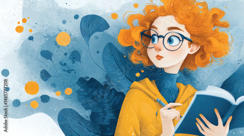 A creative illustration of a woman with red hair, writing in her notebook, full of ideas.