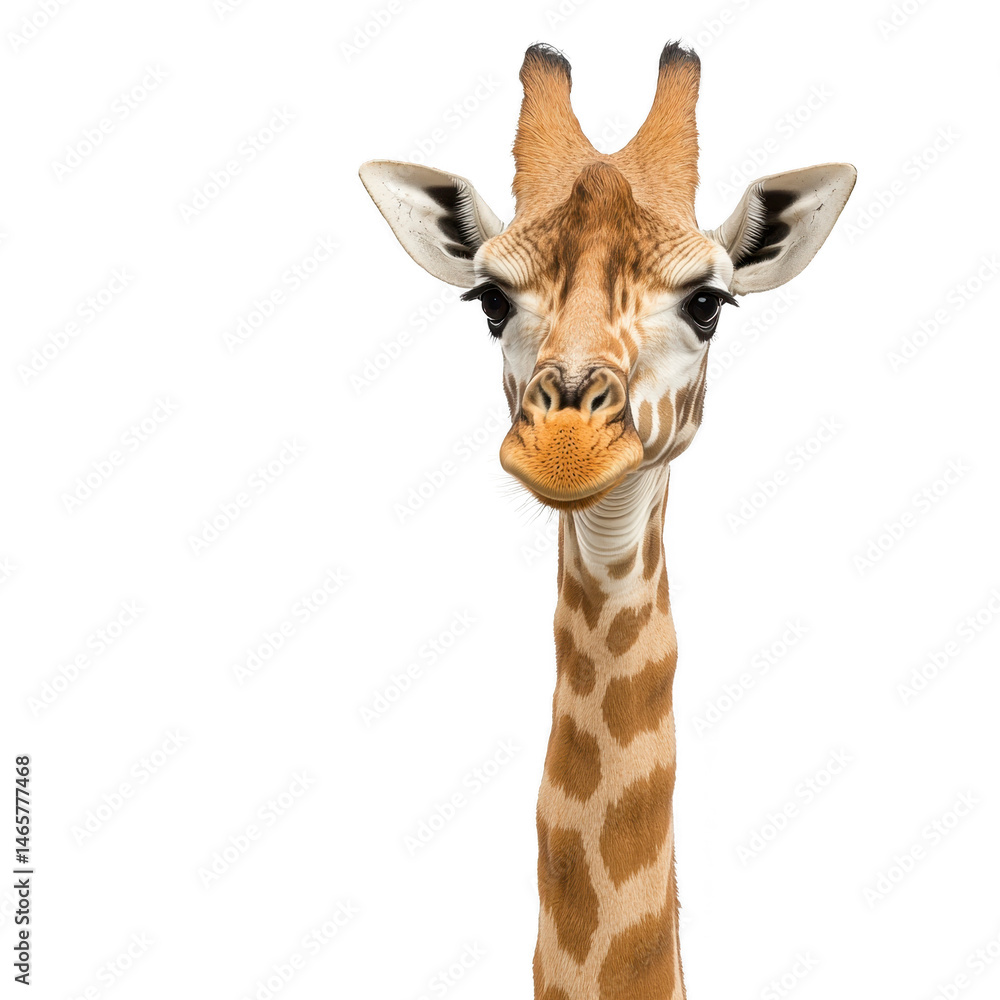 Fototapeta premium Giraffe with curious expression stands against plain background, showcasing its long neck and distinctive spotted pattern. image highlights giraffe unique features and gentle demeanor