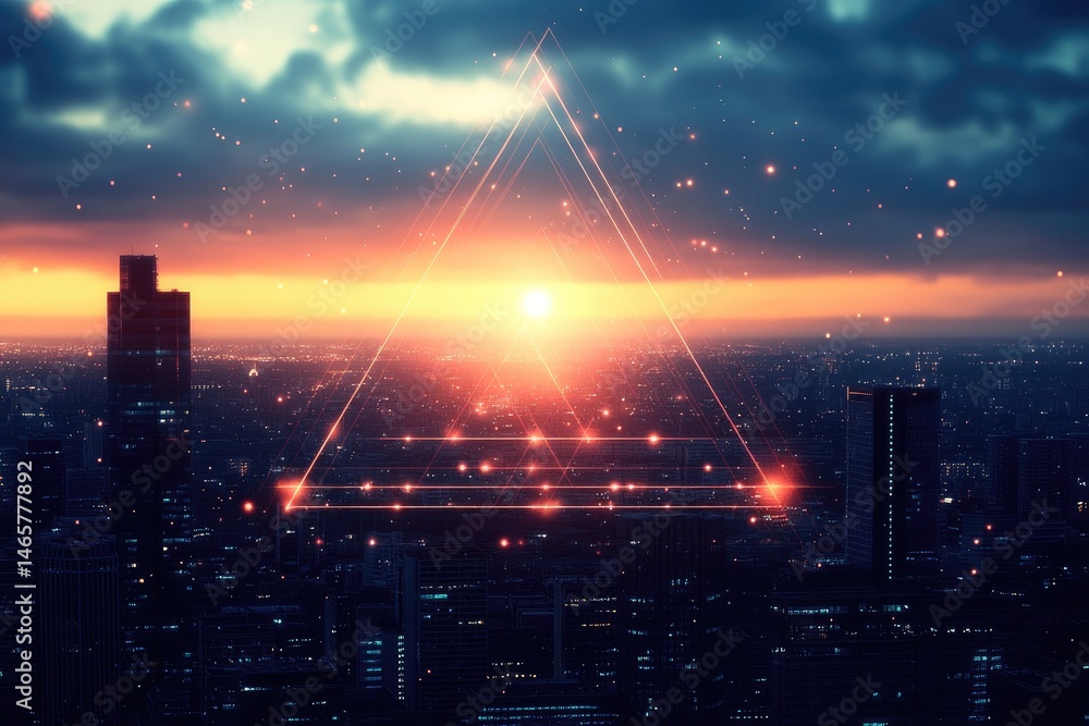 Fototapeta premium Geometric city skyline at sunrise with vibrant light.