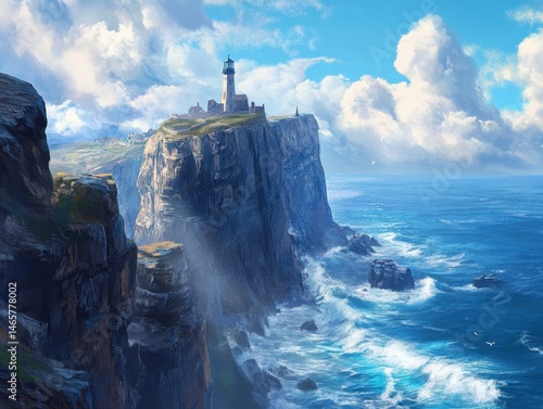 Lighthouse on a Coastal Cliff with Dramatic Ocean Waves