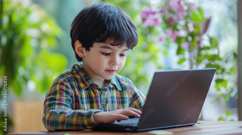 Young boy engrossed in using a laptop, surrounded by the calming aura of greenery Young boy engrossed in using a laptop, surrounded by the calming aura of greenery