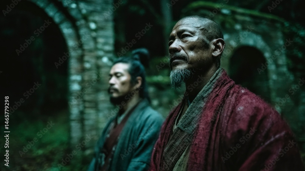 Naklejka premium Two Warriors in Traditional Attire Standing in a Mysterious Forest Setting Evoking Ancient Mar