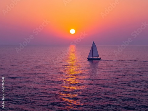 Sailboat on Calm Ocean at Sunset with Pink and Orange Sky
