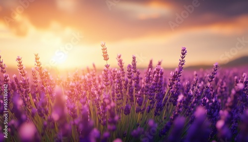 Vibrant Purple Lavender Field at Sunset