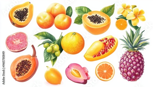 Vibrant Watercolor Illustration of Tropical Fruits