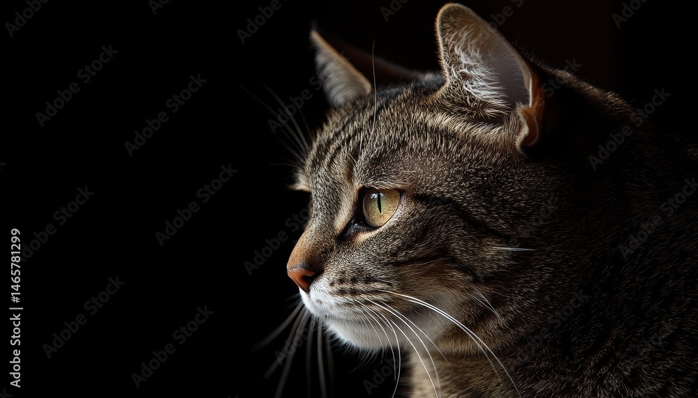 Closeup Profile Portrait of a Brown and Grey Tabby Cat Against a Dark Background Closeup Profile Portrait of a Brown and Grey Tabby Cat Against a Dark Background
