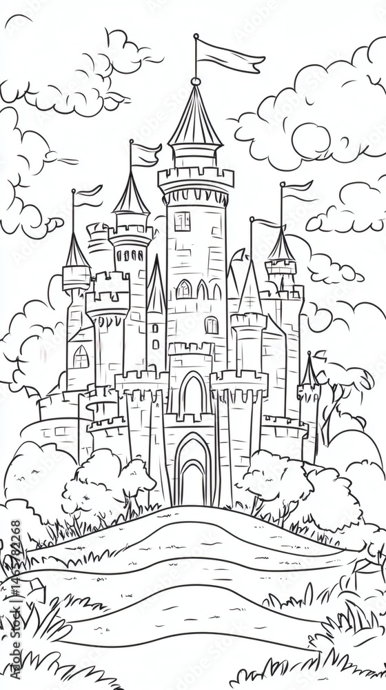 Coloring page of a beautiful fairy tale castle with towers flags and clouds for kids and adults fun time Coloring page of a beautiful fairy tale castle with towers flags and clouds for kids and adults fun time
