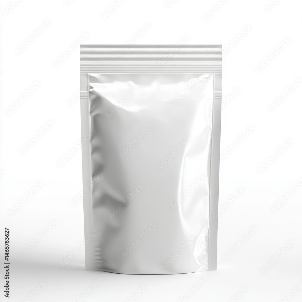 Empty metallic silver standing pouch packaging bag with resealable top isolated on white background for retail product storage and protection Empty metallic silver standing pouch packaging bag with resealable top isolated on white background for retail product storage and protection