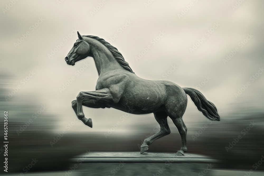Fototapeta premium Gray bronze sculpture of a prancing horse.