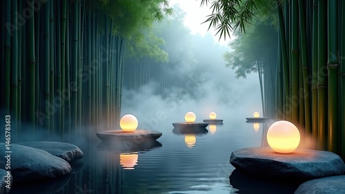 zen bamboo forest with lantern stones