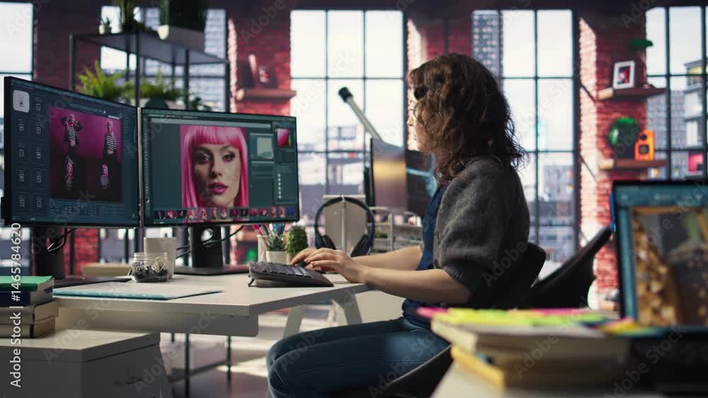 Female graphic designer editing photos on a modern computer setup in agency office, using an enhancement technique. Ideal workspace for a digital design professional, photography. Camera A.