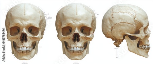 Detailed anatomical illustrations of a human skull from front and side views with labeled measurement lines showing bone structure and sutures