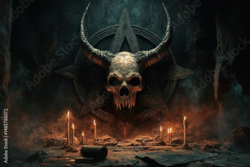Dark ritual scene featuring a large horned skull mounted on a pentagram with glowing candles surrounding it in a smoky, eerie cave