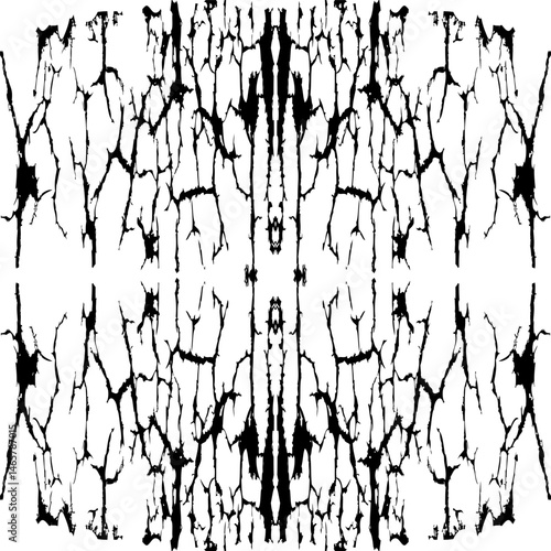 Symmetric crack texture. Fragmented grunge pattern. Abstract surface vector. Black white background.