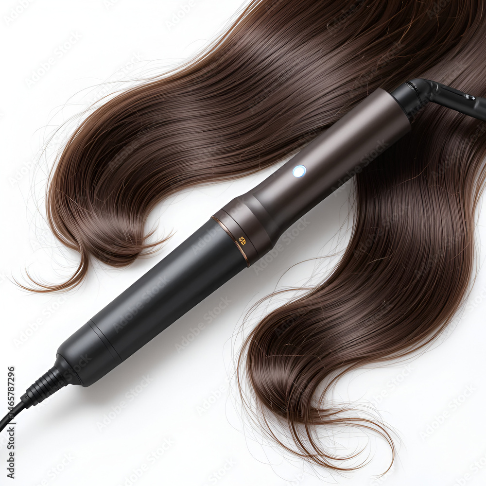 Naklejka premium The concept of gentle hair alignment Electric curling iron hair straightener with ceramic plates 3d render on white background