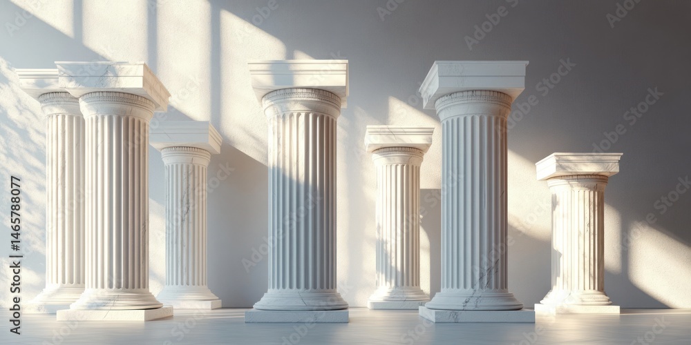 Group of six classical white marble columns of varying heights with fluted shafts standing indoors illuminated by soft natural light casting shadows on the wall Group of six classical white marble columns of varying heights with fluted shafts standing indoors illuminated by soft natural light casting shadows on the wall