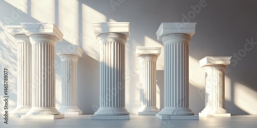 Group of six classical white marble columns of varying heights with fluted shafts standing indoors illuminated by soft natural light casting shadows on the wall