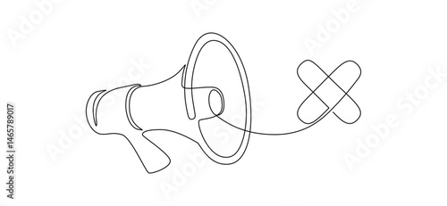 Loudspeaker mute in one continuous line drawing. No audio and music symbol in simple linear style. Noise Forbidden sign. Monoline vector illustration