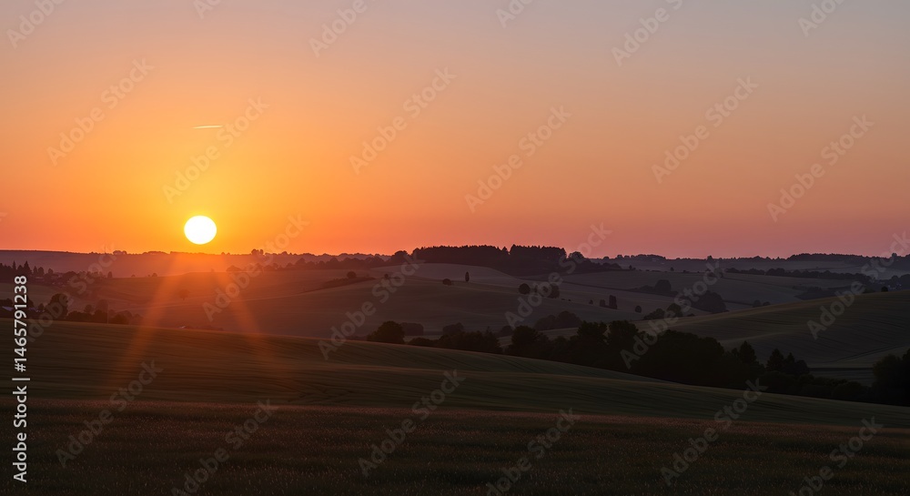 Obraz premium Golden Sunset Over Rolling Hills Landscape in Countryside