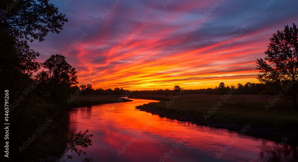Fototapeta premium River Reflecting Dramatic Sunset Sky with Vivid Colors