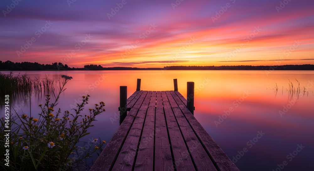 Fototapeta premium Dock Leading to Calm Lake at Colorful Sunset Scenery