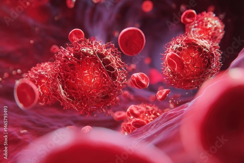 Detailed visualization of red blood cells and cancer cells in bloodstream.