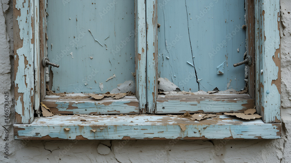 Naklejka premium Weathered Window Frame with Faded Paint and Peeling Detail
