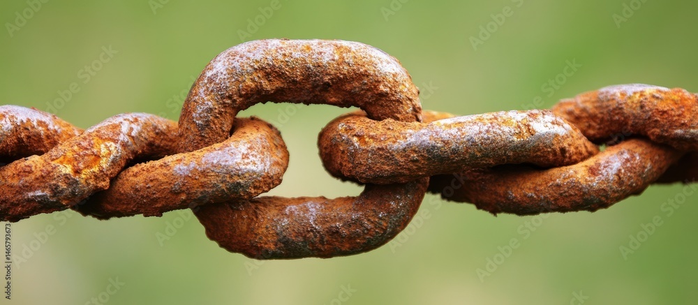 Interlocked: Macro shot of a heavily rusted chain against soft green backdrop Interlocked: Macro shot of a heavily rusted chain against soft green backdrop