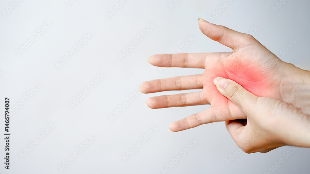 Hand pain palm human skin health finger touch Suffering hand pain person massaging sore palm health and discomfort concept Hand pain palm human skin health finger touch Suffering hand pain person massaging sore palm health and discomfort concept