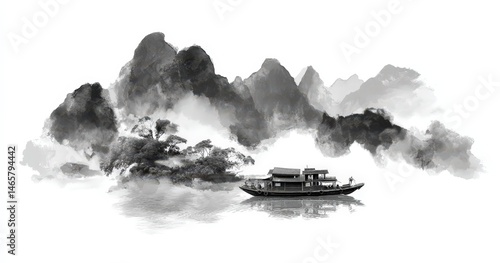 Boat on tranquil waters with misty mountain backdrop in traditional ink style.