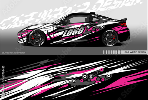 Illustration vector grahic of Car wrap decal with abstract design. Black pink white blue yellow colour. Livery car editable. Mockup template sticker vinyl for racing, rally, or daily use.	
