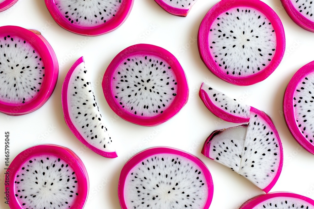 Dragon fruit slices arranged on a white background Dragon fruit slices arranged on a white background