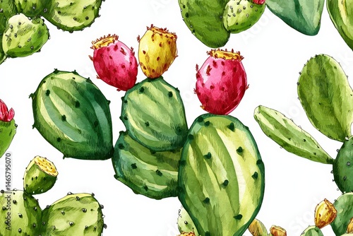 Vibrant watercolor cacti with colorful fruit.