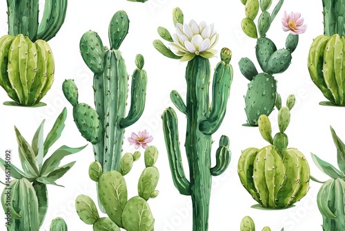 Vibrant watercolor cacti with blossoms.