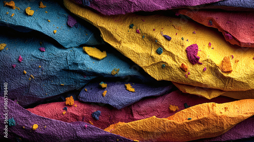 Abstract composition of colorful, textured paper pieces, vibrant and eye-catching.